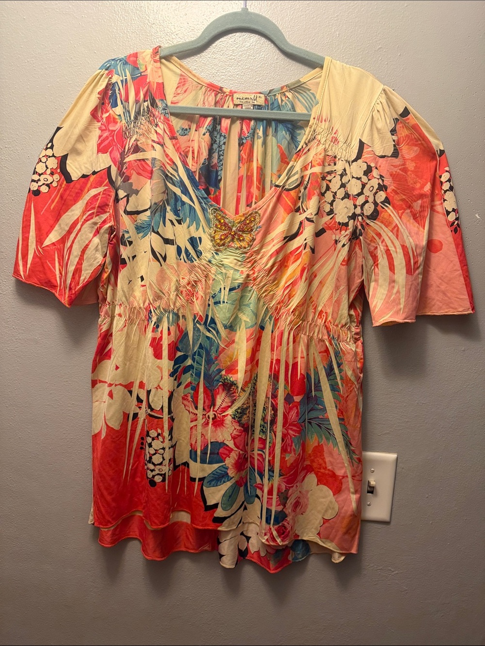 ONE WORLD Floral V-Neck Tunic with Embroidered Butterfly Accent
